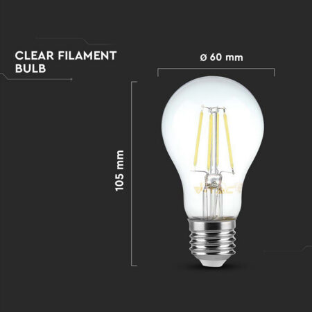 Bec E27 A60 CU FILAMENT DIMABIL LED 8W 700lm 3000K alb cald V-tac SKU-212815 - imagine 3