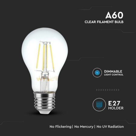 Bec E27 A60 CU FILAMENT DIMABIL LED 8W 700lm 3000K alb cald V-tac SKU-212815 - imagine 4