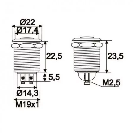 Buton 1 circuit 2A 250V OFF-(ON) fara retinere metal resistent la apa - imagine 2