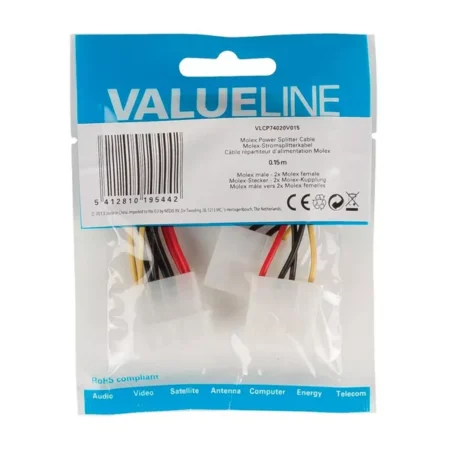 Cablu adaptor Intern PC sursa Molex tata - 2x Molex mama 0.15m Valueline - imagine 2