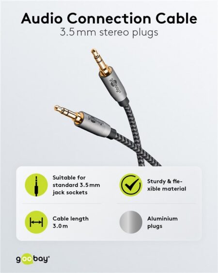 Cablu audio stereo AUX Jack 3.5 mm tata-tata 3m premium extrem de flexibil textil negru Goobay Plus 65275 - imagine 3