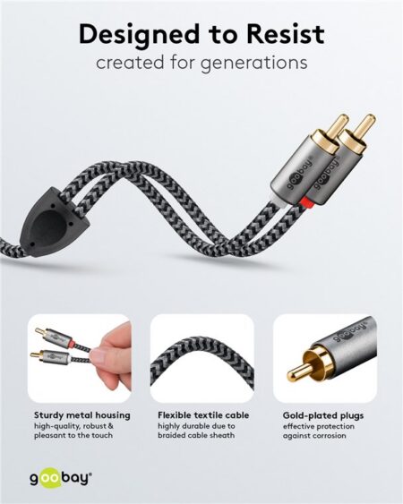 Cablu stereo 2x RCA tata-tata 2m premium extrem de flexibil textil negru Goobay Plus 65293 - imagine 3
