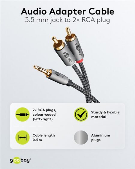 Cablu stereo premium extrem de flexibil Jack 3.5 mm tata - 2x RCA tata 0.5m cablu textil negru Goobay Plus 65284 - imagine 2