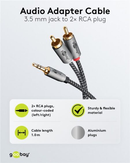 Cablu stereo premium extrem de flexibil textil 1m Jack 3.5 mm tata - 2x RCA tata negru Goobay Plus 65285 - imagine 2