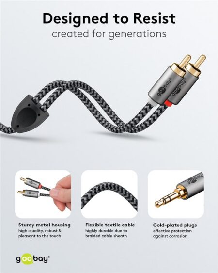 Cablu stereo premium extrem de flexibil textil 1m Jack 3.5 mm tata - 2x RCA tata negru Goobay Plus 65285 - imagine 3