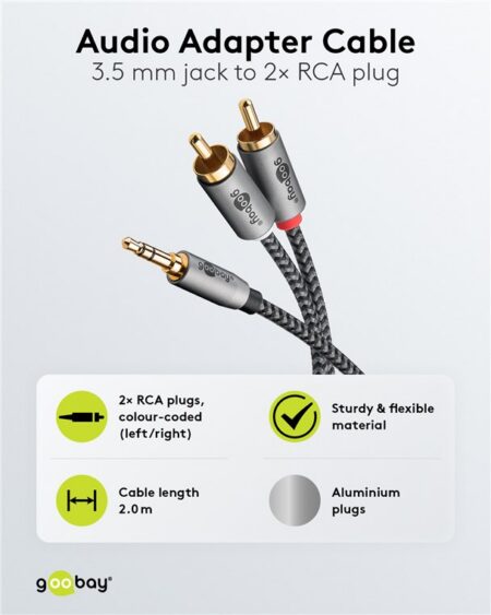 Cablu stereo premium extrem de flexibil textil 2m Jack 3.5 mm tata - 2x RCA tata negru Goobay Plus 65288 - imagine 2