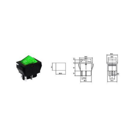 Interupator basculant 4 pini 1 circuit 16A 250V OFF-ON verde 21.7x28.5mm - imagine 2