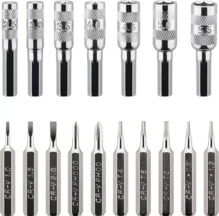 Set surubelnita 17biti CrV 3x capete plane 1mm 1.5mm 2mm 2x Phillips PH000 PH00 3x Torx T4 T5 T6 2x stele Star 0.8 1.2 7x hexago - imagine 3